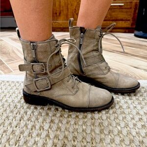 Women's LUCKY BRAND Beige LEATHER Double BUCKLE Lace Up RIDING Work BOOTS